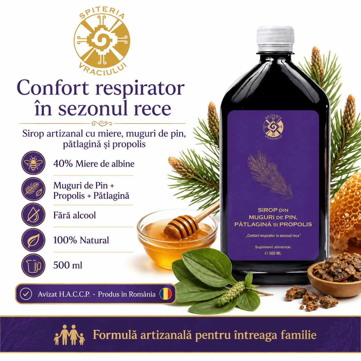 Leac Bătrânesc pentru Tuse și Bronșii – Sirop Muguri de Pin, Pătlagină și Propolis | 500ml