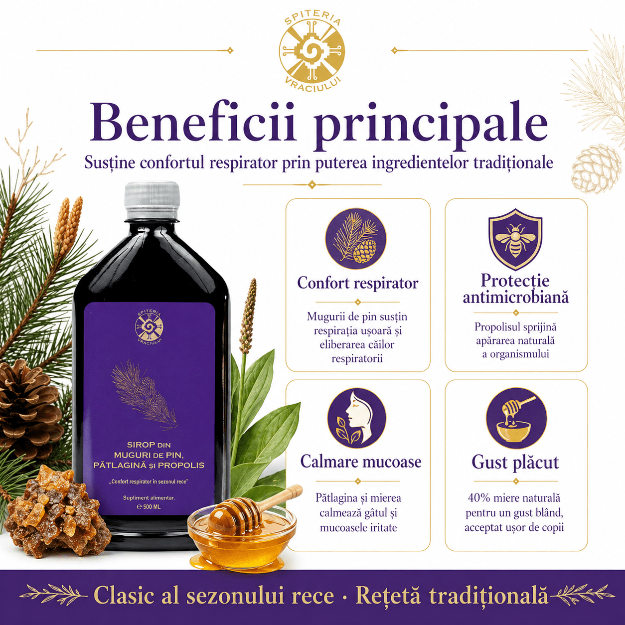 Leac Bătrânesc pentru Tuse și Bronșii – Sirop Muguri de Pin, Pătlagină și Propolis | 500ml