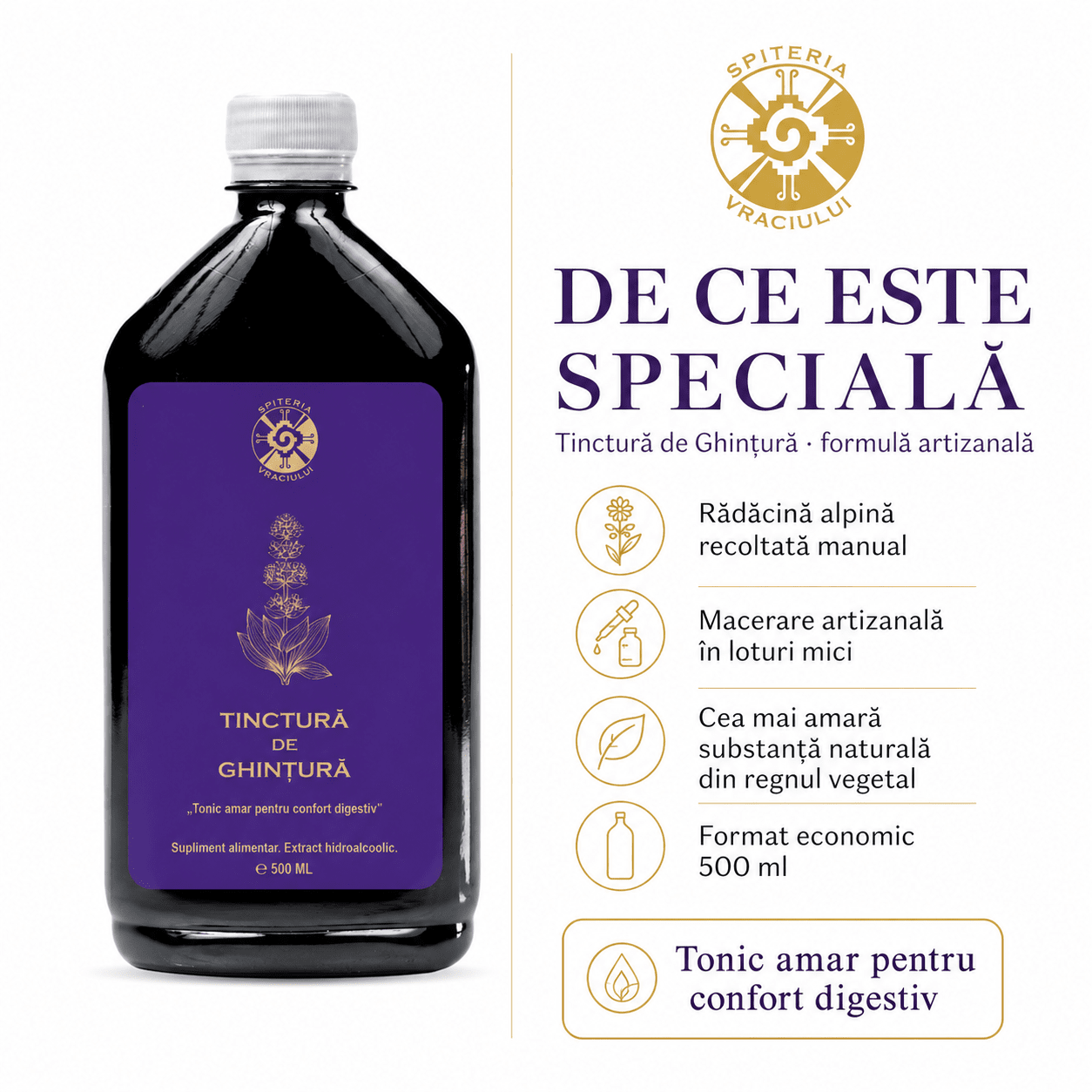Tinctură de Ghințură – Tonic Amar pentru Digestie și Confort Gastric | 500ml